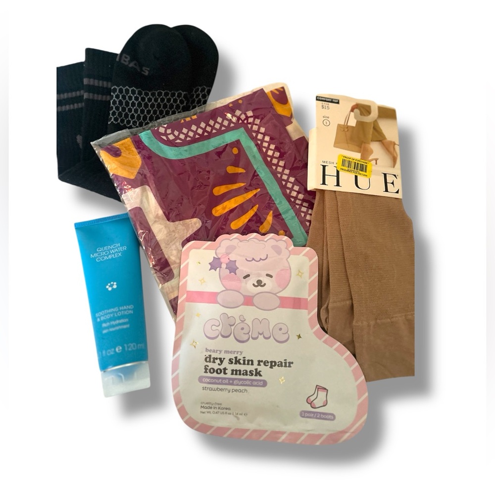 5 Pcs Bundle Bompas Socks, Hue Knee High Tights, Foot Mask, Quench Lotion, Scarf